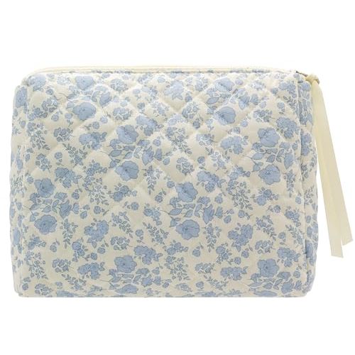 PAZIMIIK Cotton Makeup Bag for Women Large Quilted Travel Cosmetic Pouch Girls' Make Up Organizer,Little Flower Blue