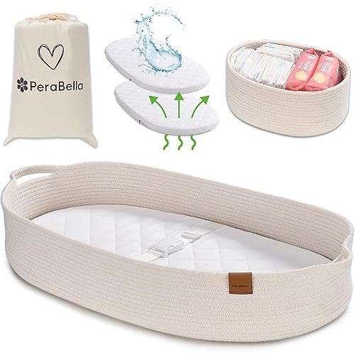 Baby Changing Basket for Baby Dresser, Moses Basket for Babies, Cotton Rope Diaper Changing Basket, Unisex Baby Moses Basket, Foam Diaper Changing Pad for Dresser, Changing Table Topper for Dresser