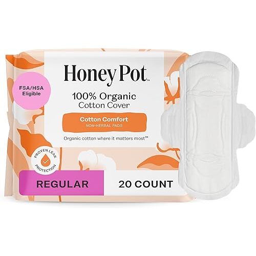 The Honey Pot Company - Sanitary Pads for Women - Non-Herbal Regular Flow w/Wings - Organic Cotton Cover & Ultra-Absorbent Pulp Core - Feminine Care - FSA & HSA Eligible - 20 ct