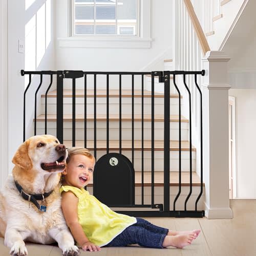 Baby Gate with Cat Door for Stairs - Auto Close & Easy Walk Thru Dog Pet Gates for Stairs 30"-43.7" Wide, Doorway, Pressure or Wall Mounted Child Gate Includes 4 Wall Cups 2 Extensions