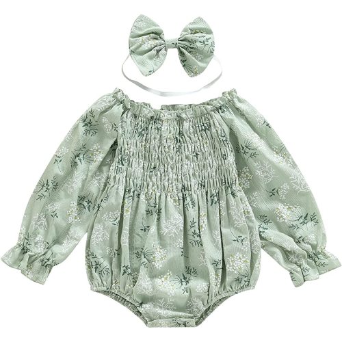2pcs Infant Baby Girls Romper Headband 0-24M Ruffles Long Sleeve Off Shoulder Flowers Printed Sweet Jumpsuit