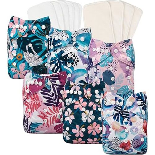 babygoal Reusable Cloth Diapers 6 Pack with 10pcs Inserts, One Size Adjustable Washable Pocket Nappy Covers for Baby Girls and Boys 6FG30