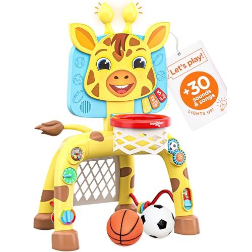 Move2Play, Giraffe Basketball Hoop & Soccer Goal Activity Center | 30+ Sounds & Lights | 1, 2, 3+ Year Old Christmas Gift & Birthday Present | 6, 12, 18, 24+ Month Toy For Baby, Toddler, Boys, & Girls