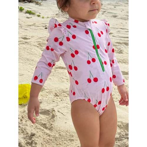 UPF 50+ Recycled Polyester Cherry Baby Zipped Rashguard Onepiece - Mon Coeur | Maisonette