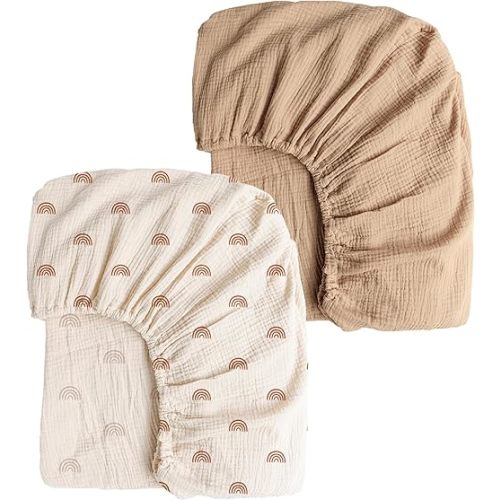 Konssy Muslin Crib Sheets for Girl Boy, 2 PCS Soft and Breathable Cotton Baby Sheets for Standard Crib Mattress, 52"x 28" (Camel, Rainbow)