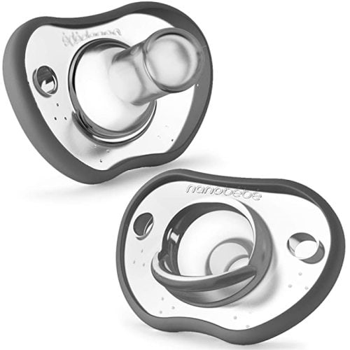 Nanobebe Baby Pacifiers 0-3 Month - Orthodontic, Curves Comfortably with Face Contour, Award Winning for Breastfeeding Babies, 100% Silicone - BPA Free. Perfect Baby Registry Gift 2pk,Grey - 2 Count (Pack of 1) - 0-3 Months Grey