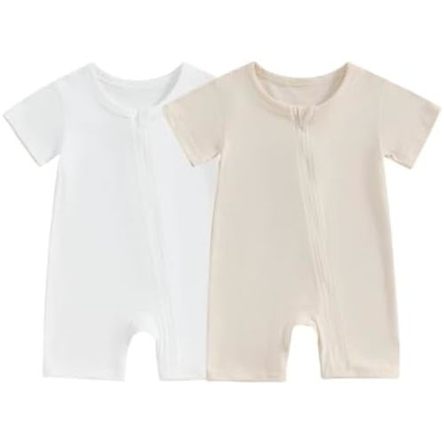 Merqwadd Baby Boy or Girl 2 Pack Romper Short Sleeve Zipper Jumpsuit Plain Summer Clothes