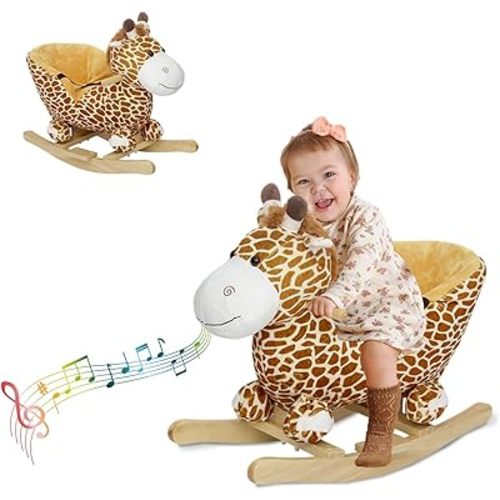 J-Sun-7 Baby Rocking Horse - Giraffe Themed Rocking Animal for Toddlers, Baby Rocker with Seat and 32 Nursery Rhymes, Wooden Rocking Horse Plush Ride On Toy, Gift for 18 Months+, Yellow
