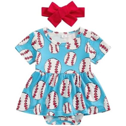 Infant Baby Girl Baseball Outfit Short Sleeve Romper Skirt Bodysuit Princess Dress Sports Summer Clothes Heabdand