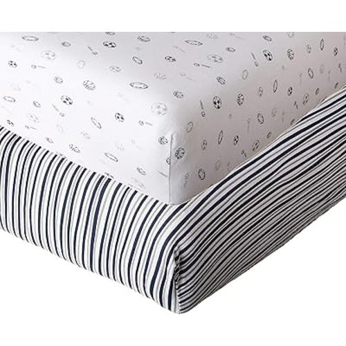 American Baby Company 2 Pack Fitted Crib Sheets 28" x 52", Soft Breathable Neutral 100% Cotton Jersey Sheet, Navy/Grey Sports Stripes, for Boys and Girls, Fits Crib and Toddler Bed mattresses