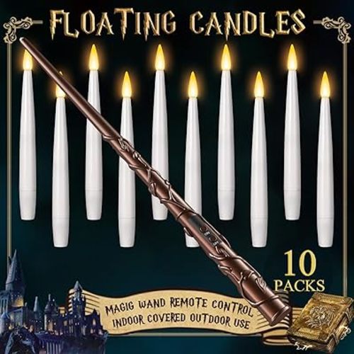 Floating Candles with Wand 10PCs - Christmas Decorations Magic Hanging Candles Flickering Light Flameless Candles with Remote for Halloween Outdoor Indoor Window Home Bedroom Birthday Party Decor
