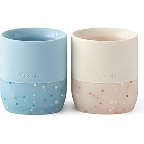 Moonkie Silicone Baby Cups 4 Months+ | Open Training Drinkware for Infants with Confetti Sprinkles | Baby-Led Weaning Essential | 2 oz (Blue/Ivory, 2 Pack)