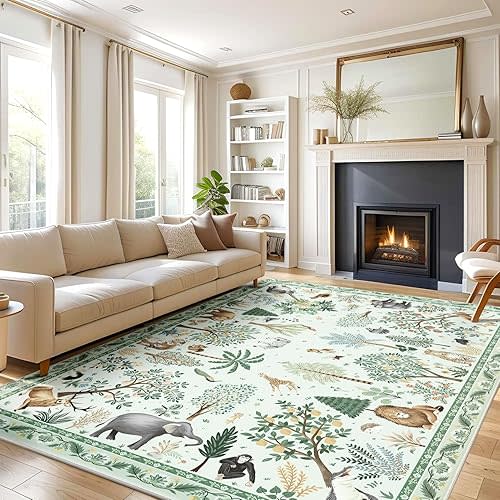 3x5 Rug for Bedroom Nursery Jungle Animal Print Rug for Kid Boy Playroom Washable Rug Non Slip, Low Pile Area Rug Carpet for Living Room,Bedside, Kids Room, Light Green