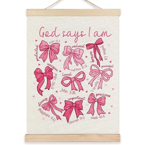 RYYCDOI Pink Bows Coquette Preppy Room Decor for Teen Girls, Bow Wall Art Decor for Bathroom Girls Room Dorm, Bible Verse Wall Art, 12x16 Inches