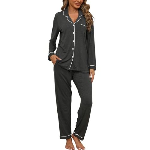 ZMJ Womens Pajamas Sets 2 Piece Long Sleeve and Pant Pj Sets Button Up Sleepwear