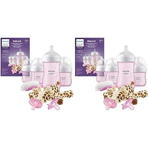 Philips Avent Natural Baby Bottle with Natural Response Nipple, Pink Baby Gift Set with Snuggle, SCD838/03 (Pack of 2)
