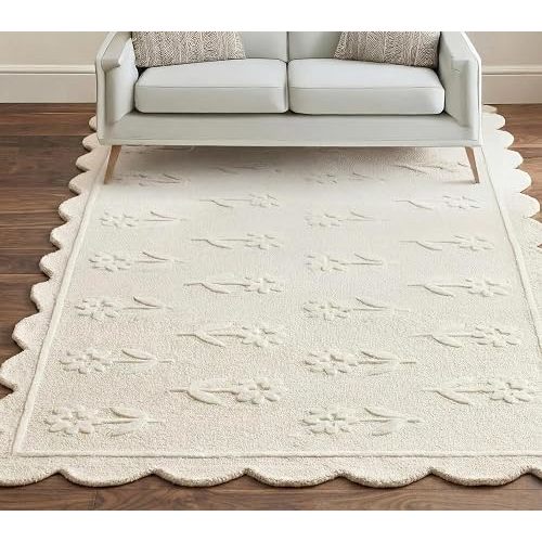 RUGWYN Jessa Scallop Floral Rug – Handmade Wool Area Rug with Non-Slip Cotton Backing – Soft and Durable – Ideal for Living Room, Bedroom, and Home Décor – Anti-Skid Design (Beige, 5' x 8')