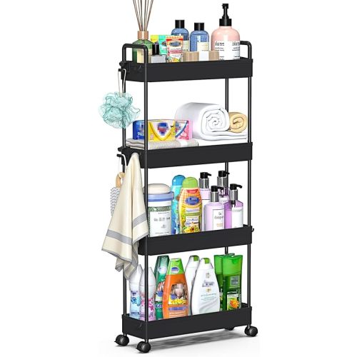 SOLEJAZZ Slim Rolling Storage Cart with Wheels 4 Tier Skinny Bathroom Storage Organizer Narrow Shelf Unit Thin Laundry Room Utility Cart for Bedside Kitchen Office Next to Fridge Small Places, Black