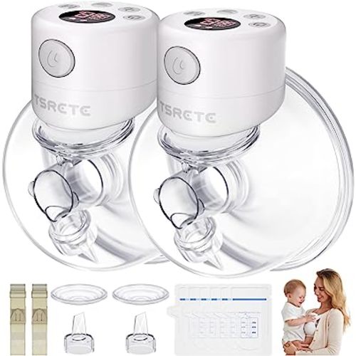 TSRETE Breast Pump, Double Wearable Breast Pump, Electric Hands-Free Breast Pumps with 2 Modes, 9 Levels, LCD Display, Memory Function Rechargeable Double Milk Extractor-24mm Flange, White