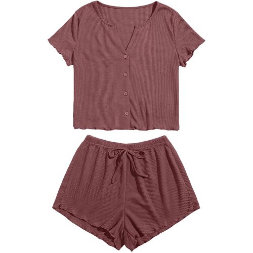Verdusa Women's 2 Piece Button Down Tee Top and Lounge Shorts Pajama Set