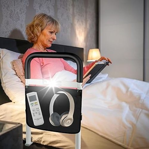 UHdod Bed Rails for Elderly Adults Safety with Motion Light Storage Pocket, Adjustable Heights Bed Cane Stable, Bedside Assist Bar Protects Seniors from Falling, Bed Assist Rails Fits Any Bed