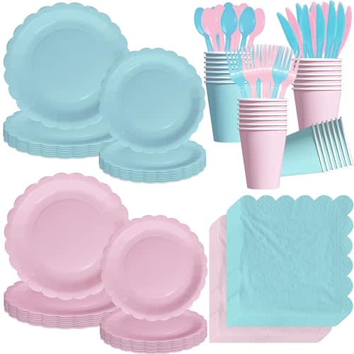 Suhelkit Baby Gender Reveal Decorations Tableware, Light Pink and Blue Gender Reveal Table Decorations He or She Party Supplies, Boy or Girl Paper Plates and Napkins Set, Cups, Cutlery, 24 Guests