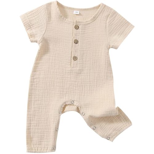 Newborn Baby Boy Girl Romper Clothes Infant Solid Ribbed Onesie Bodysuit Jumpsuit Outfits - E1 Beige - 0-3 Months
