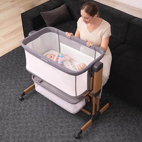 Ezebaby 3-in-1 Rocking Bassinet for Baby Adjustable Baby Bassinets Bedside Sleeper with Wheels Storage Basket and Mesh Sides for Newborn Infant