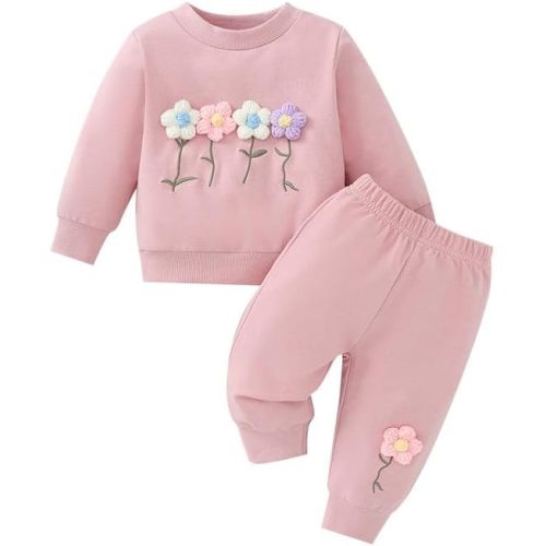 Toddler Girl Fall Winter Clothes Baby Crewneck Floral 3D Embroidery Sweatshirts Pants Set Long Sleeve Outfits Set