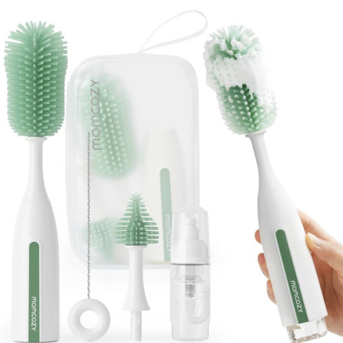 Momcozy Bottle Brush Kit Pro, Innovative Push-Press Design for Deep Cleaning - Bottle Cleaner Brush for Bottle/Breast Pumps/Nipple - Clog-Free Brush & Foam-Generating Design for Better Cleaning, Green