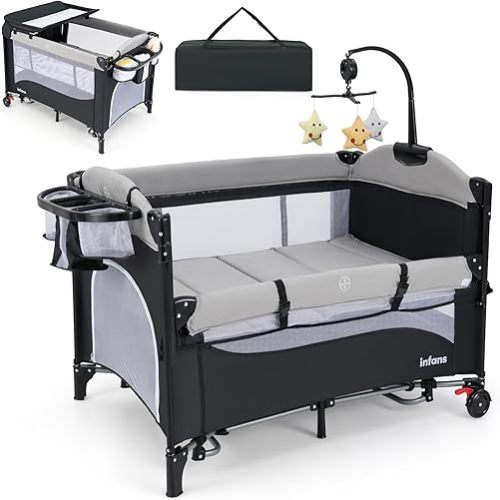 INFANS Pack and Play, 5 in 1 Baby Bedside Sleeper with Bassinet, Diaper Changer, Mattress, Carry Bag, Music Box Hanging Toys, Foldable Bedside Crib, Portable Playard for Newborn Toddlers (Gray)