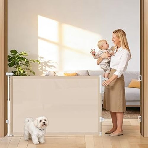 78" Retractable Extra Wide Baby Gates for Doorways, Long Mesh Dog Gate for Large Openings, Indoor Outdoor Pet Gate for Deck Porch Kitchens Hallways, 34" Height, Beige