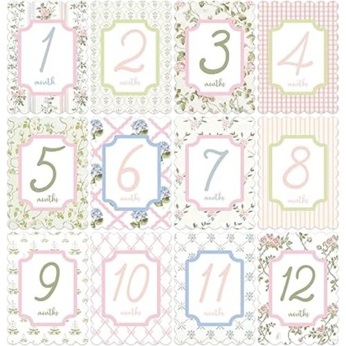 Affrolling Baby Monthly Milestone Cards, 5 x 7 Inch First Holiday Cards, First Year Month Milestone Baby Shower, 12 Monthly Newborn Photo Props for Boys Girls