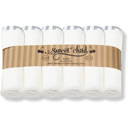 Sweet Child Baby Bamboo Washcloths - Premium Wash Cloth Set of 6 - Ultra Soft Kids/Infant Wash Cloths for Face and Body - Boys Washcloth Pack - Top Baby Registry and Shower Gifts - Grey Border