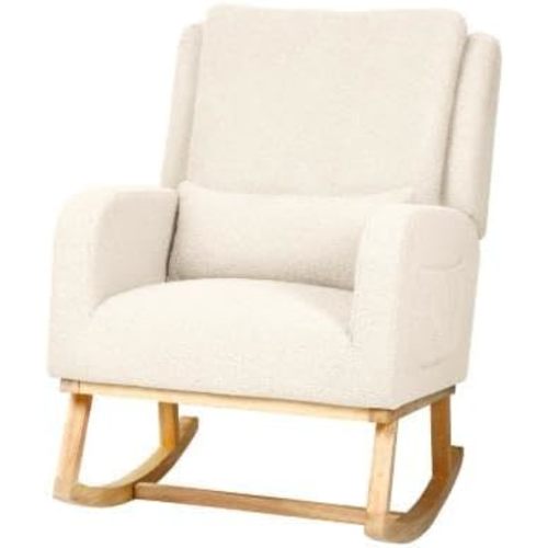 Rocking Chair Nursery with Pillow, Nursery Rocking Chairs in Teddy Fabric with Wingback & Armrest, Built-in 2 Side Pockets, Comfy Nursery Glider Nursing Chair Armchair for Living Room, Bedroom, Beige