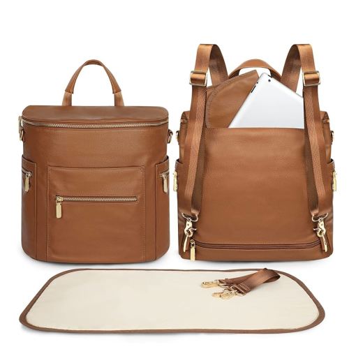 miss fong Diaper Bag Backpack Baby Diaper Bag, Large Leather Diaper Bag Backpack with Changing Pad, Stroller Straps, and 2 Insulated Pockets(Convertible, Brown)