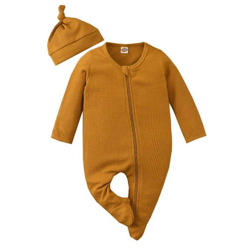 ENFLASH Baby Footies with Mittens Newborn Unisex Cotton Waffle Knit Pajamas Hat Set Sleep and Play Jumpsuit