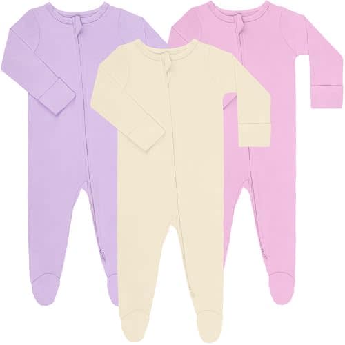 GUISBY Long Sleeve Baby Footed Pajamas with Mittens Cotton Sleepers with Zipper 3-Pack