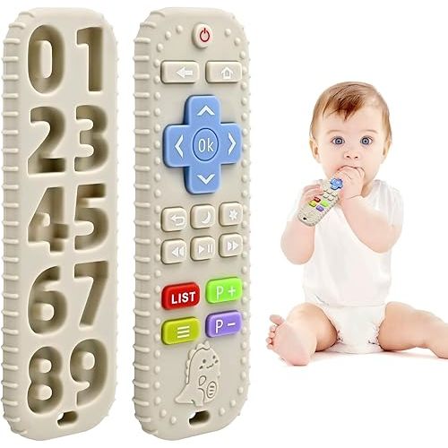 Teething Relief Teethers Toys for Babies 3-6 12 Months Gifts, Silicone Remote Control Baby Teether Toys for 3 6 9 Months Newborn Infant Boy Girl Autism, Food Grade Silicone Sensory Toys, Beige