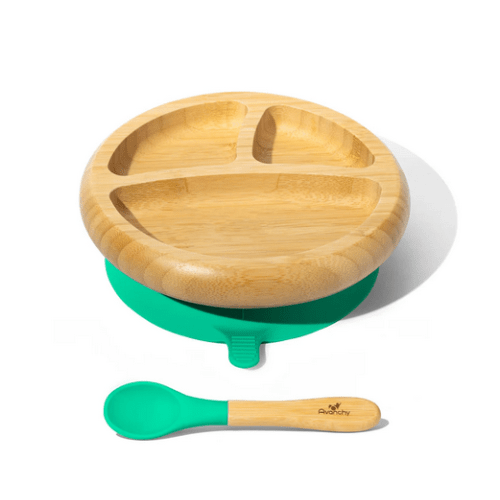 Avanchy Bamboo Sunction Baby Divided Plate + Spoon - Green | Traveling Tikes