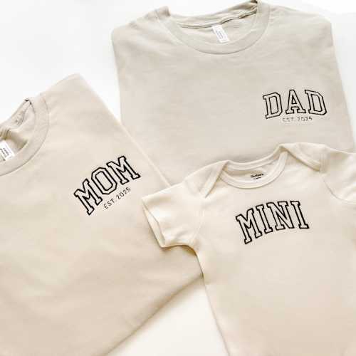 Mom, Dad and Mini Embroidered Matching Beige Mom, Dad and Baby Bodysuits or Toddler T-Shirts, Mommy and Me Coming Home Outfits