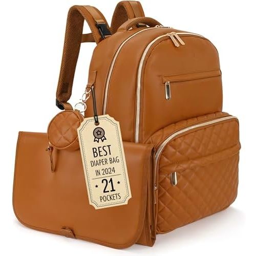 Award-Winning 3 in 1 Luxe Leather Diaper Bag Backpack - Ultimate Baby Bag with 21 Pockets, Charging Port, Changing Pad, Pacifier Case, Stroller Straps - Stylish, Waterproof, Unisex (31L Brown)
