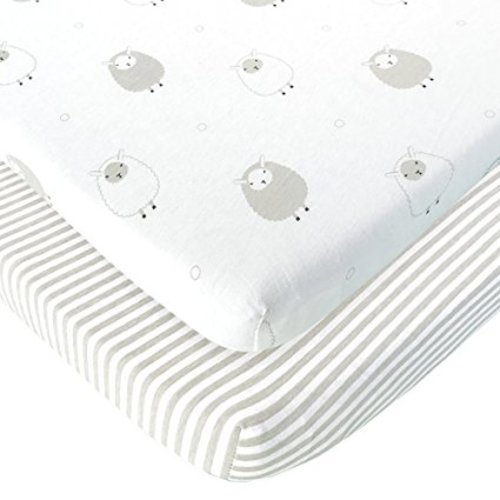 Cuddly Cubs Pack n Play Sheets | 2 Pack Playard Sheet For Baby Girl and Boy | Pure Jersey Cotton Unisex Mini Portable Crib Sheets | Sheep and Stripe in Grey | Compatible With Graco Pack and Play