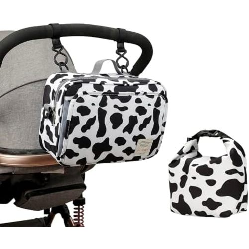 MOMIGO Baby Diaper Bag Stroller Bag With Snack Cooler Bag - Diaper Caddy Tote Baby Stroller Bag Nursery Storage Bin for Diapers, Wipes & Toys Mini Diaper Bag for Outdoor (Cow)