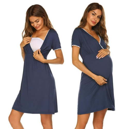KISSGAL Women Maternity Dress Short Sleeve Nursing Nightgown Soft Sleep Night Shirts V Neck Sleepwear for Breastfeeding S-XXL