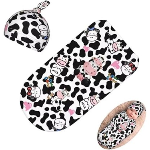 Cute Cow Print Newborn Swaddling Blanket Beanie Hat Sets Soft Baby Receiving Funny Cattle Blanket Soft Sleeping Bag New Born Soft Sleep Sacks for Boys Girls
