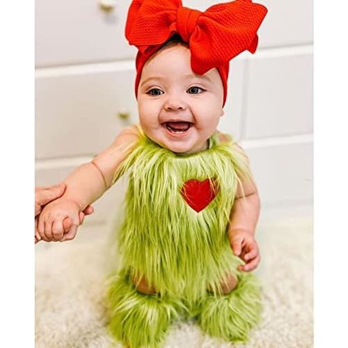 Qiylii Christmas Baby Costumes Green Monster Baby Girls Sleeveless Plush Fur Romper Onesie Headband + Leg Warmer Set