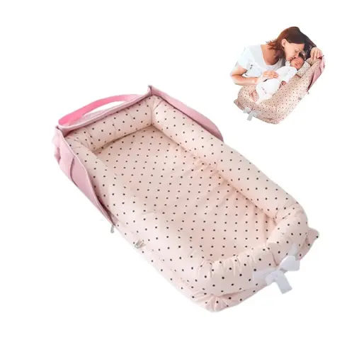 Baby Lounger for Newborn Portable Bag,Baby Nest Co Sleeping for Baby in Bed with Strap,Newborn Lounger Adjustable Size & Inner Zipper Lengthen Space to 24 Months(Pink Polka Dots)