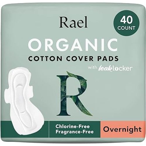 Rael Pads for Women, Organic Cotton Cover - Period Pads with Wings, Feminine Care, Sanitary Napkins, Heavy Absorbency, Unscented, Ultra Thin (Overnight, 40 Count)