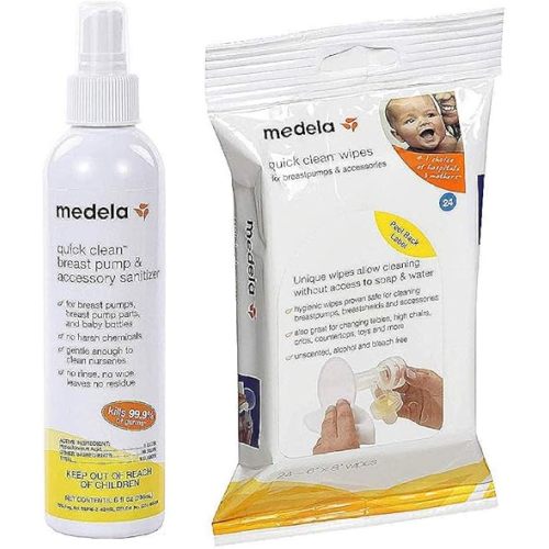 Medela Quick Clean Breast Pump Kit: Quick Clean Spray, Accessory Wipes - Bundle (Breast Pump Cleaning Supplies, medela Quick Clean Wipes)